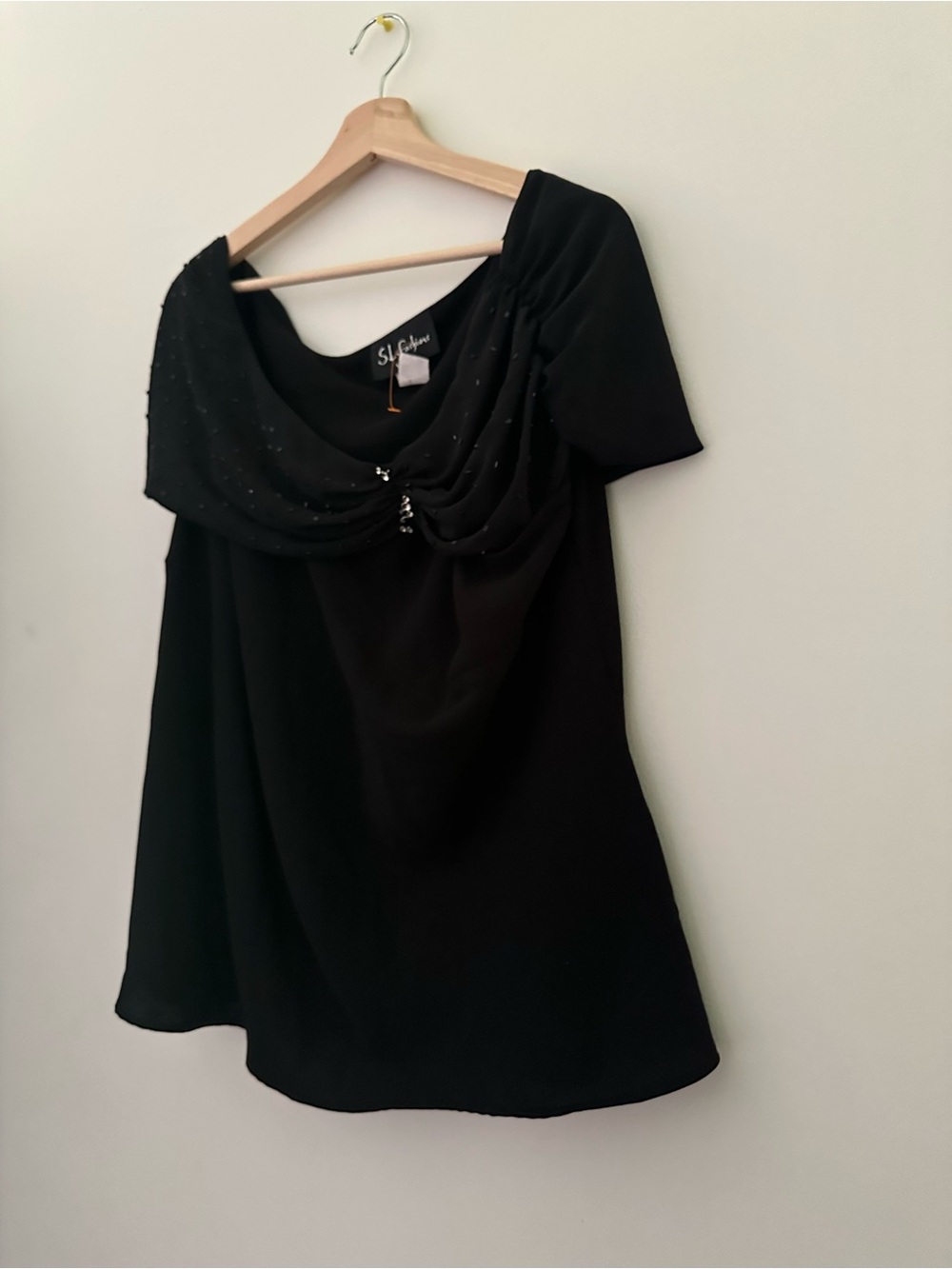 SL Fashions One-Shoulder Black Draped Evening Dress